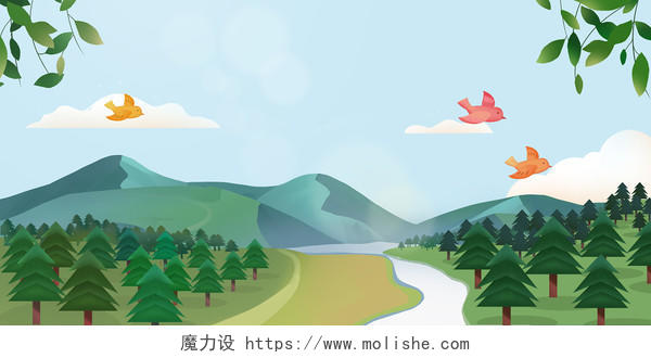 卡通绿色森林飞鸟场景插画素材背景